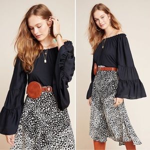 Anthropologie Gloria Off the Shoulder Tiered Bell Sleeve Black Cotton Mo…